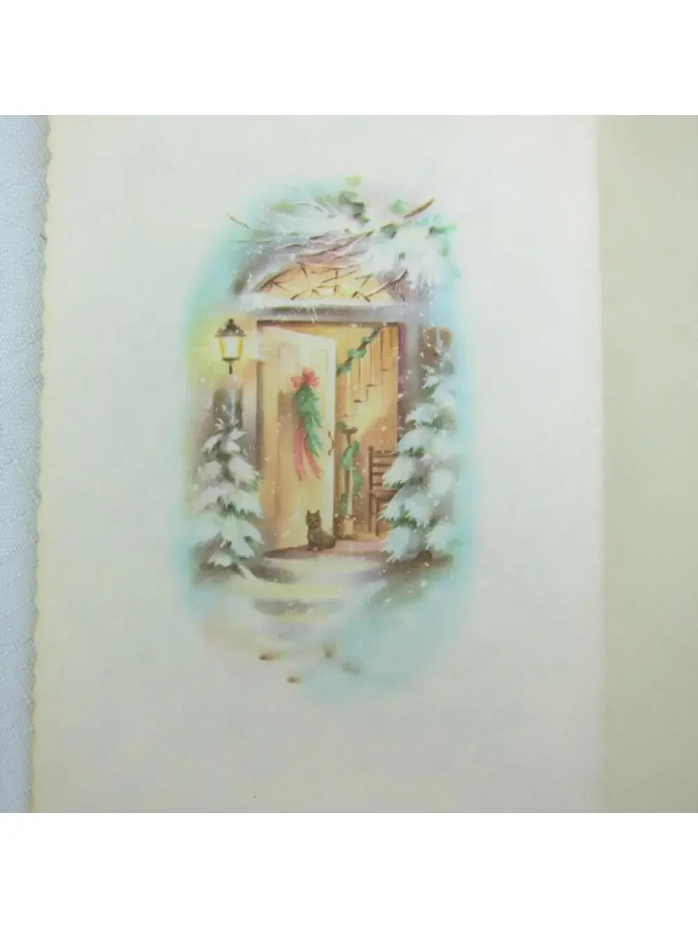 Vintage Christmas Card Scottie Scotty Dog Snowy Front Door Porch Lamp UNSIGNED
